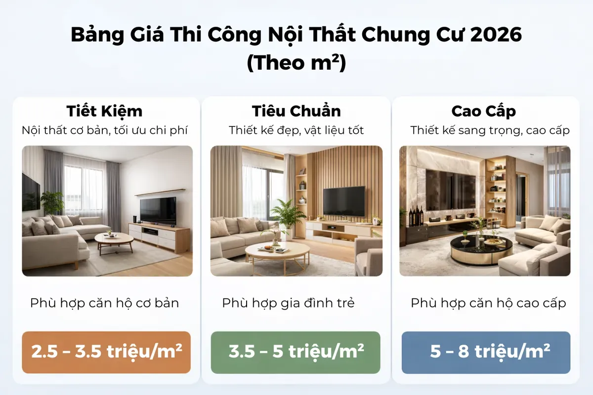 bảng giá thi công nội thất chung cư theo m2 2026