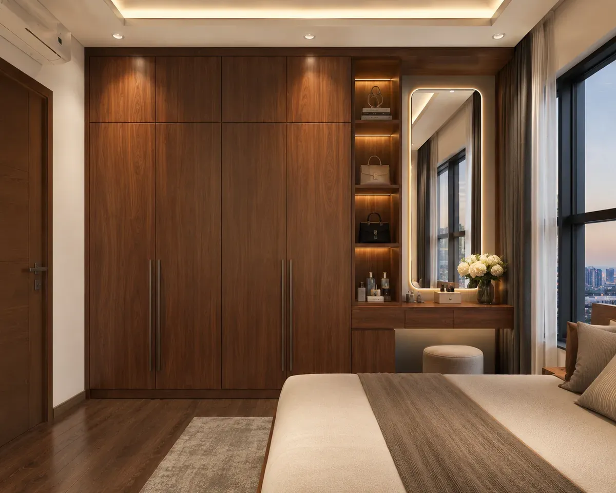 Bố trí tủ quần áo hợp lý giúp tối ưu diện tích và tăng tính thẩm mỹ cho phòng ngủ