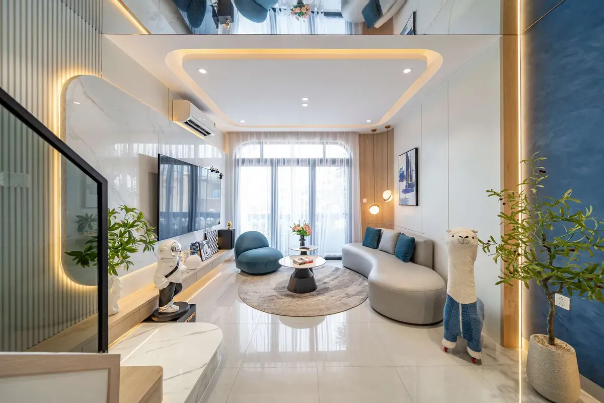 nội thất phòng khách gồm kệ tivi tủ trang trí theo m2