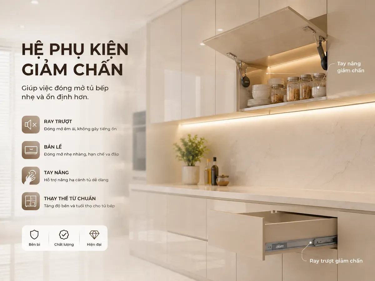 Phụ kiện giảm chấn giúp đóng mở nhẹ và ổn định hơn