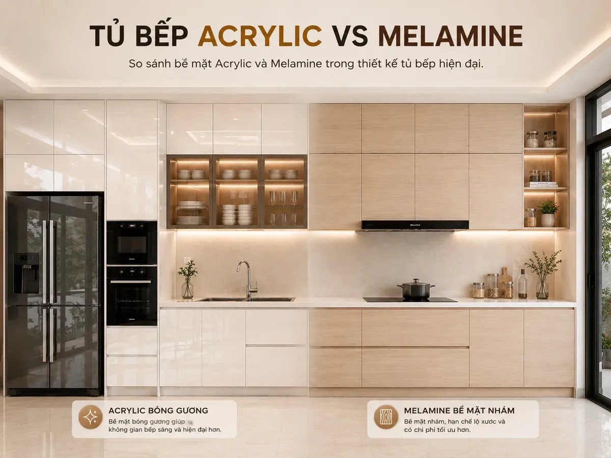 Acrylic nổi bật với độ bóng cao trong khi Melamine tối ưu chi phí