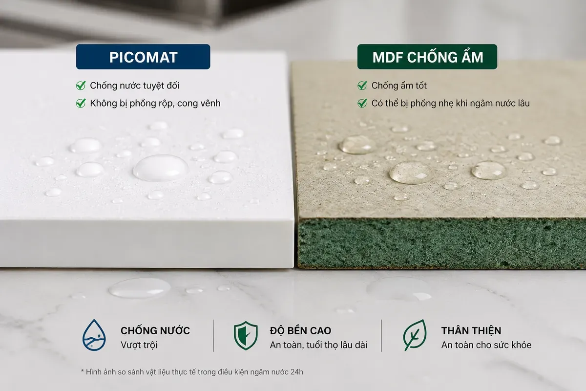 So sánh khả năng chống nước giữa Picomat và MDF chống ẩm