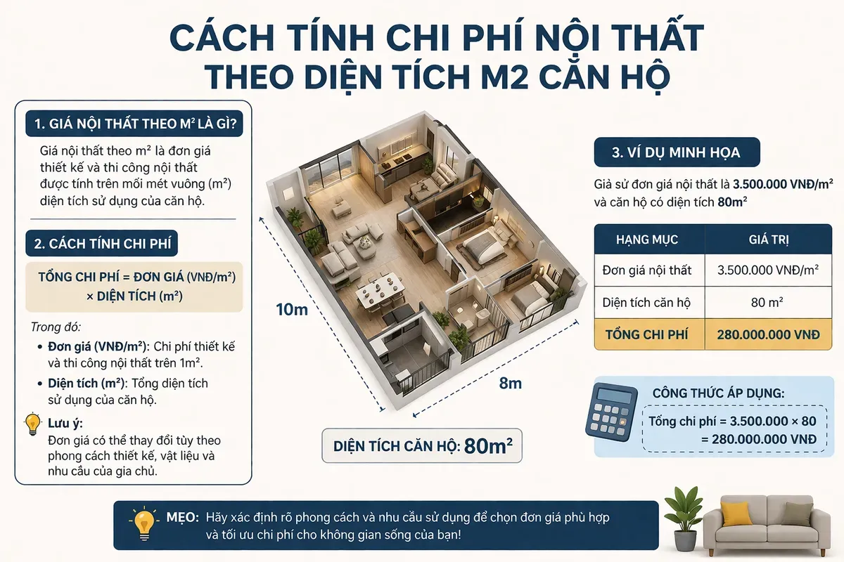 cách tính chi phí nội thất theo diện tích m2 căn hộ