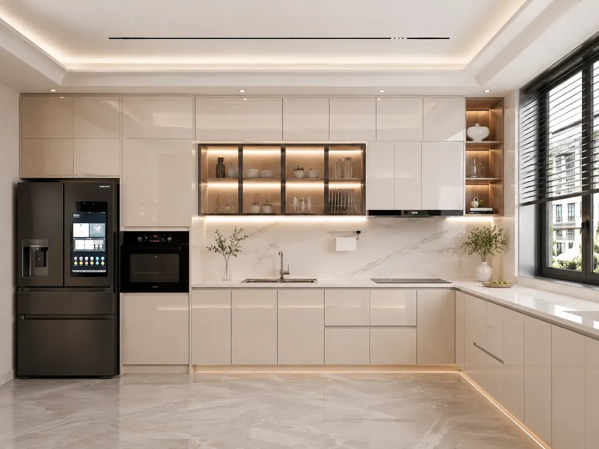 Thiết kế acrylic bóng gương giúp căn bếp sáng và rộng hơn