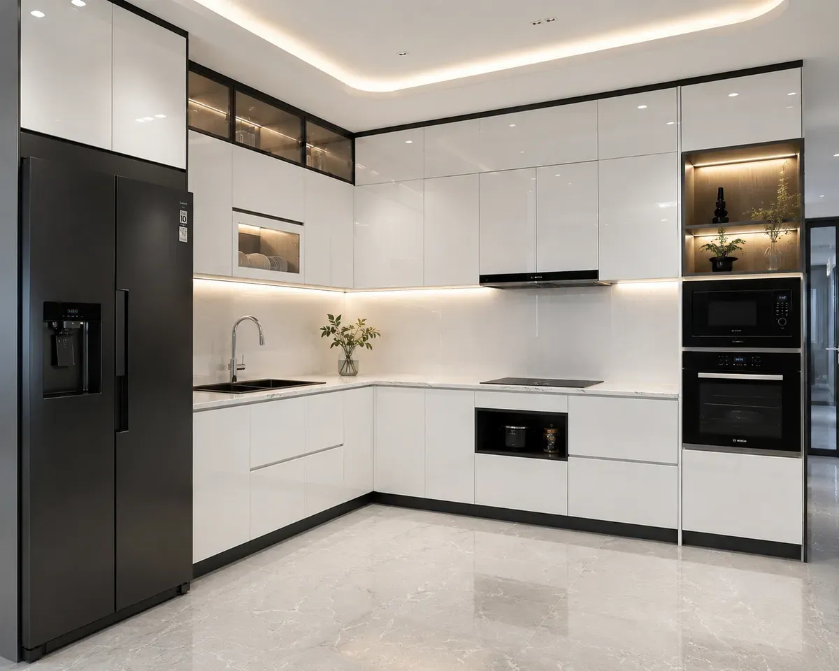 Tủ bếp nhựa Picomat Acrylic bóng gương màu trắng