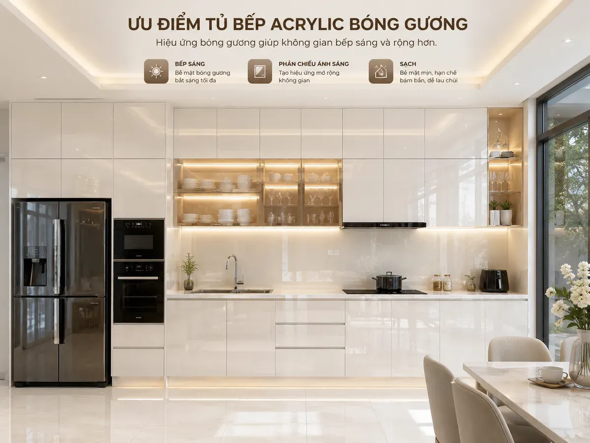 Bề mặt bóng giúp tăng cảm giác rộng và sáng cho căn bếp