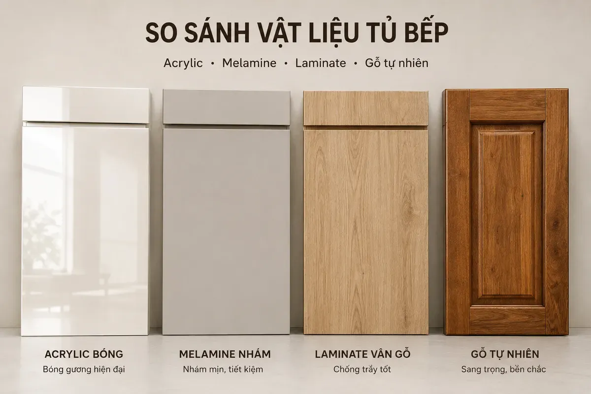 So sánh vật liệu tủ bếp theo thẩm mỹ, độ bền và chi phí