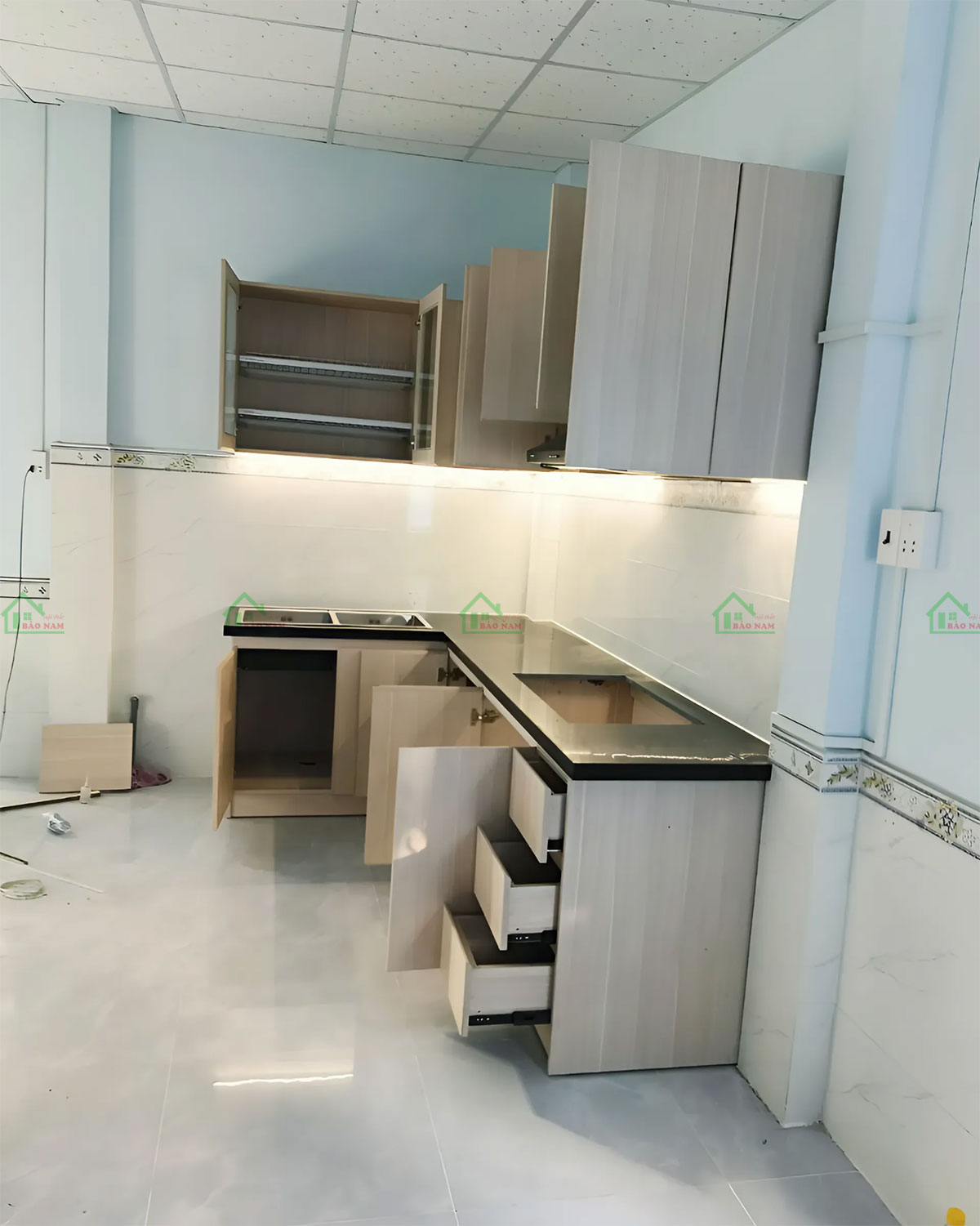 Công Trình Thực Tế - Thi Công Tủ Bếp Gỗ MDF Melamine An Cường Đẹp Hiện Đại TB46