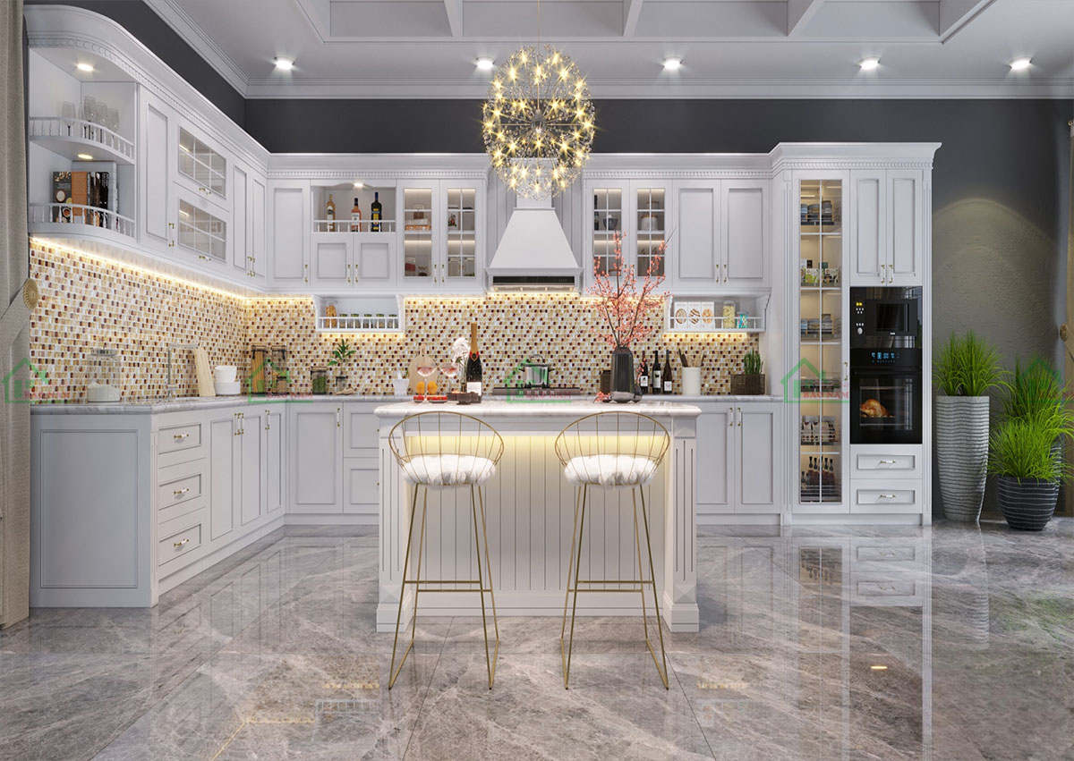 Mẫu Tủ Bếp Gỗ Tự Nhiên Sơn Trắng Có Bàn Đảo Hiện Đại Đẹp BTN13