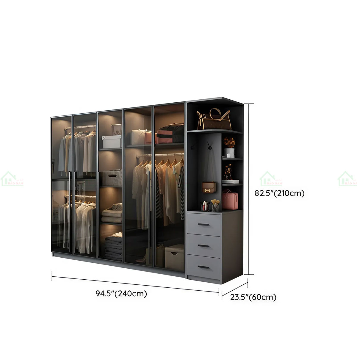 Mẫu Tủ Quần Áo Cánh Kính Màu Xám Khói Đẹp Hiện Đại TK31