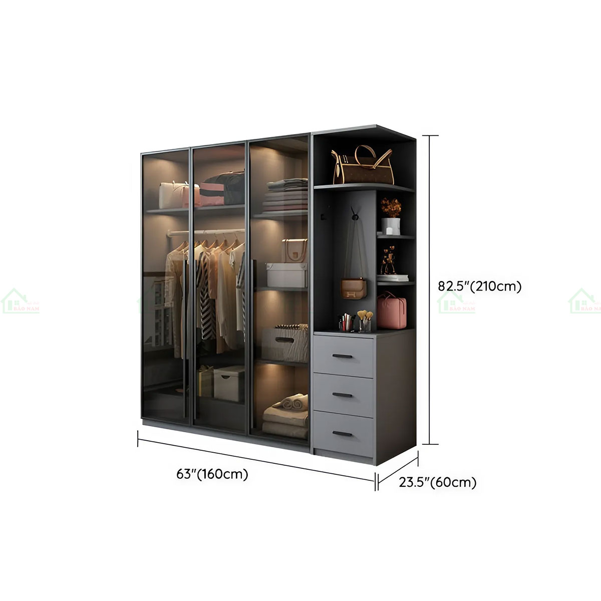 Mẫu Tủ Quần Áo Cánh Kính Màu Xám Khói Đẹp Hiện Đại TK31