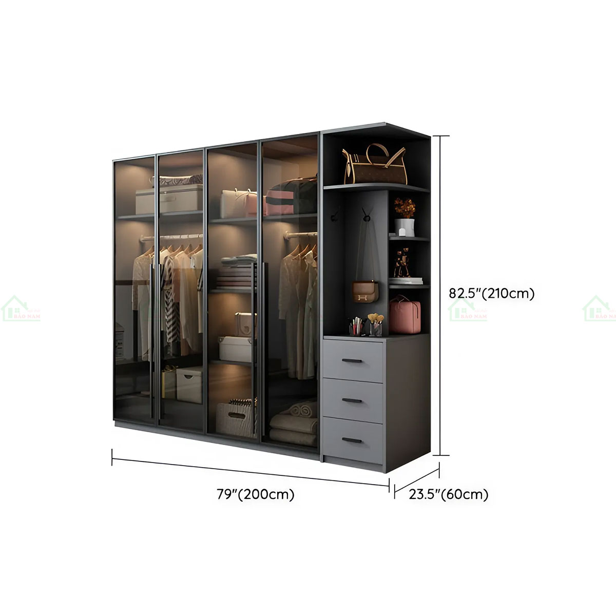 Mẫu Tủ Quần Áo Cánh Kính Màu Xám Khói Đẹp Hiện Đại TK31