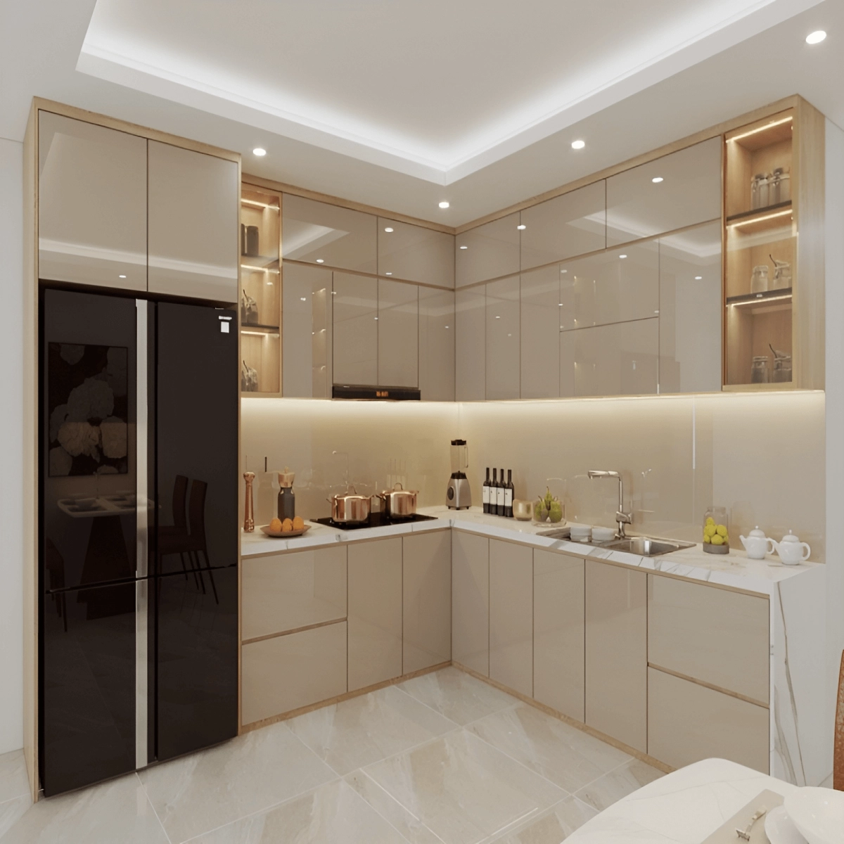 Thiết kế tủ bếp acrylic bóng gương màu kem sang trọng Thiết kế tủ bếp acrylic bóng gương màu kem sang trọng