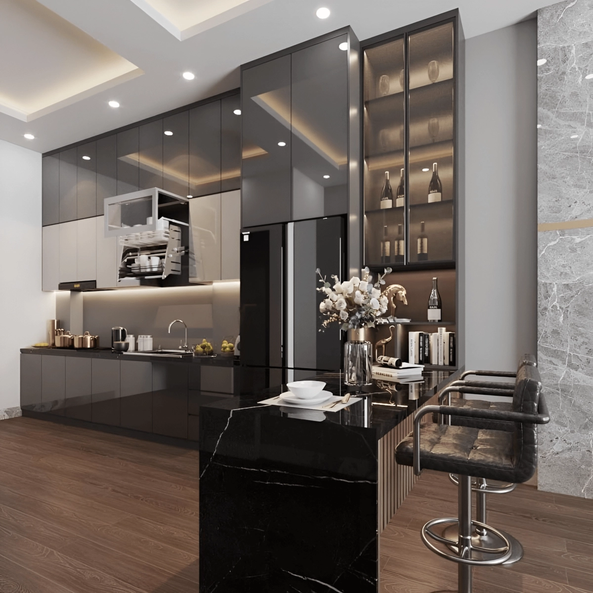 TỦ BẾP ACRYLIC BÓNG GƯƠNG MÀU XÁM HIỆN ĐẠI TỦ BẾP ACRYLIC BÓNG GƯƠNG MÀU XÁM HIỆN ĐẠI