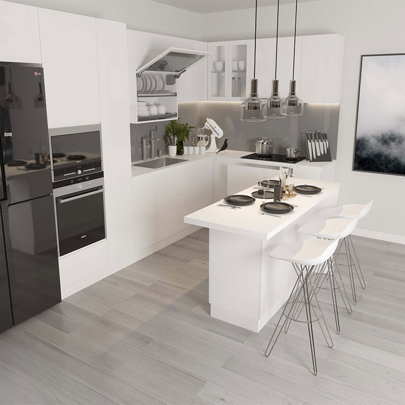 Tủ bếp chữ L màu trắng bàn đảo Tủ bếp chữ L màu trắng bàn đảo