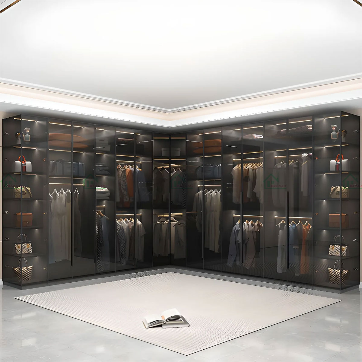 Thiết kế góc tủ với cánh mở 2 bên, tối ưu hóa không gian lưu trữ.