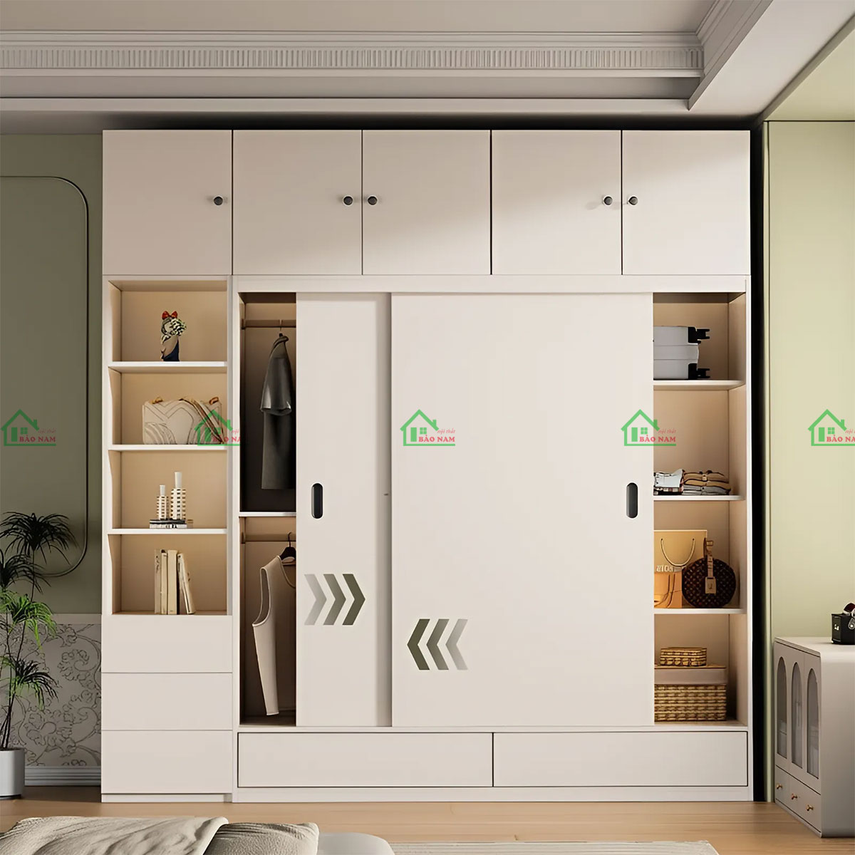 Tủ Quần Áo Gỗ MDF Cửa Lùa Màu Kem Đẹp Hiện Đại TAL03