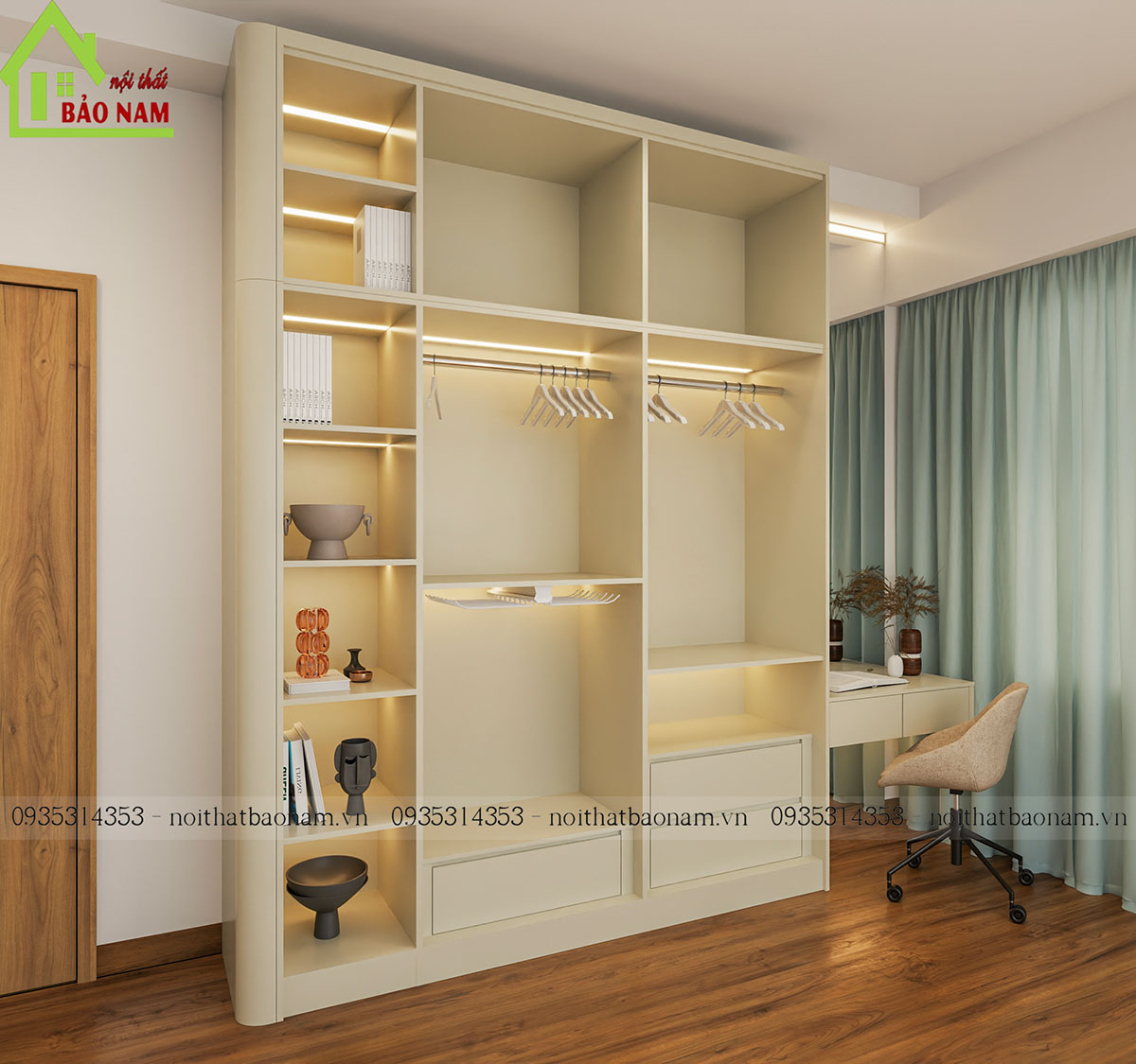 Tủ Quần Áo Gỗ MDF Màu Kem Đẹp Hiện Đại TA32
