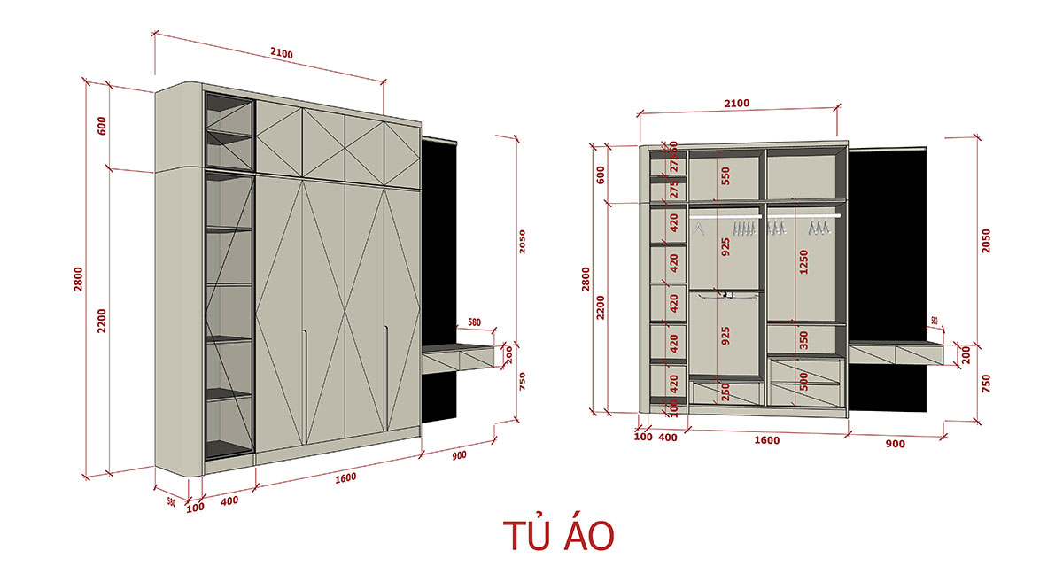 Tủ Quần Áo Gỗ MDF Màu Kem Đẹp Hiện Đại TA32