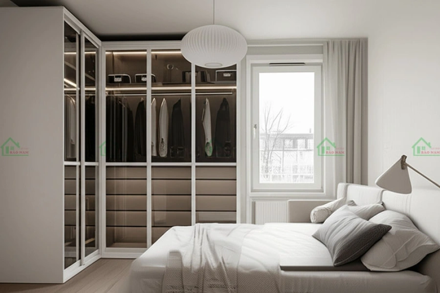 Tủ áo cánh kính trượt chữ L hiện đại, tiết kiệm không gian