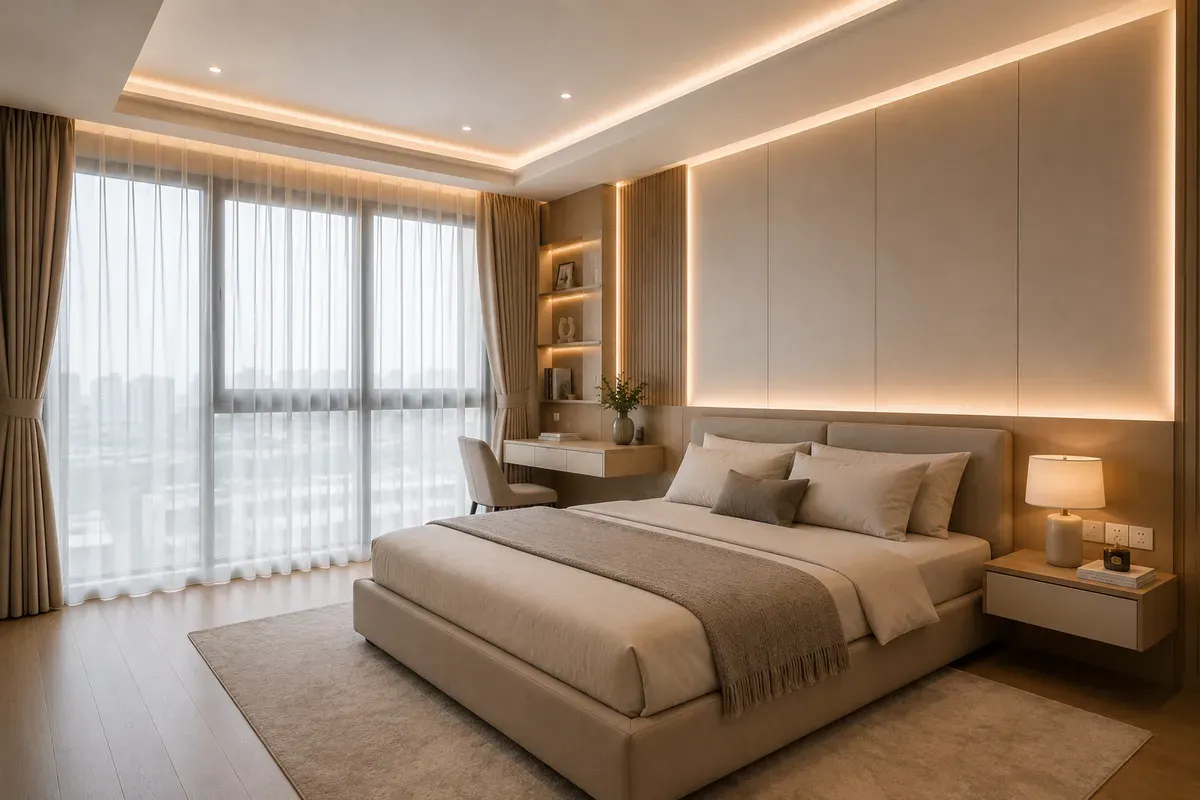 Sự kết hợp giữa ánh sáng tự nhiên và hệ đèn nhiều lớp tạo nên không gian nghỉ ngơi dễ chịu.