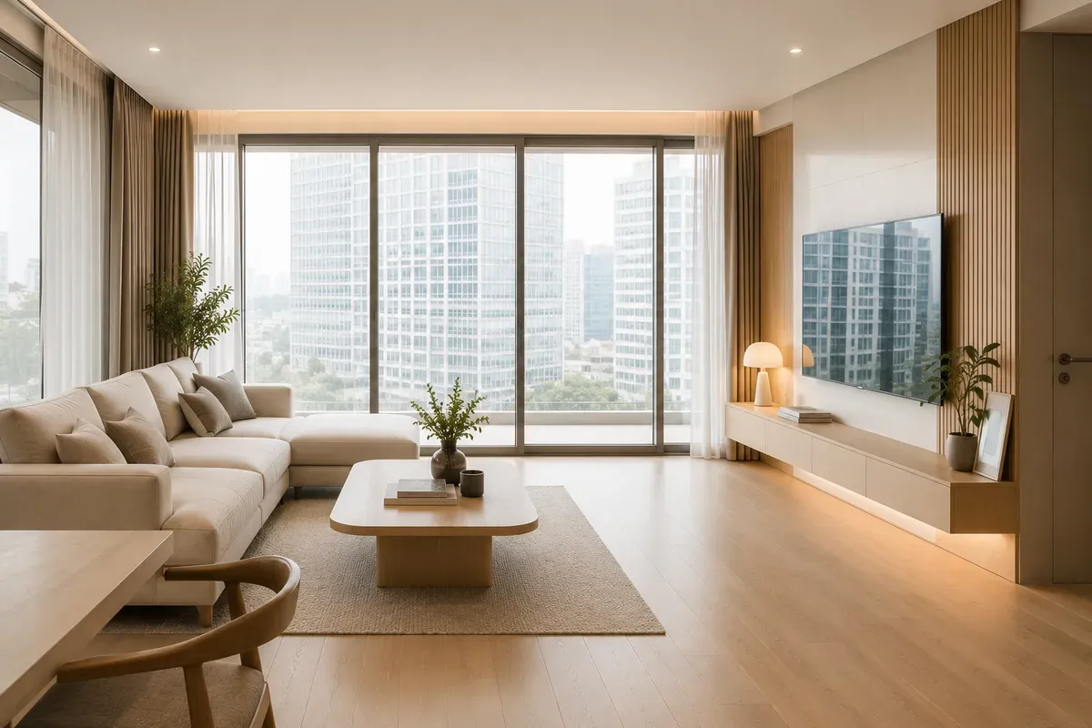 Cửa kính lớn mang đến không gian sáng và thông thoáng.