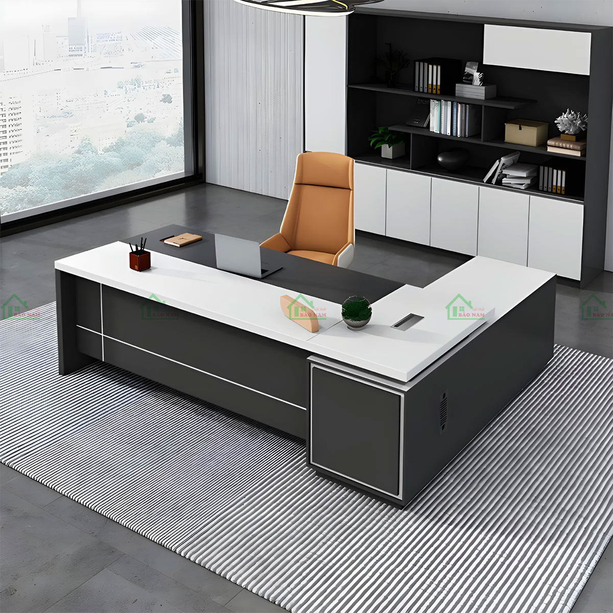 Bàn Giám Đốc Gỗ Công Nghiệp Chữ L Màu Đen Hiện Đại Đẹp PLV11