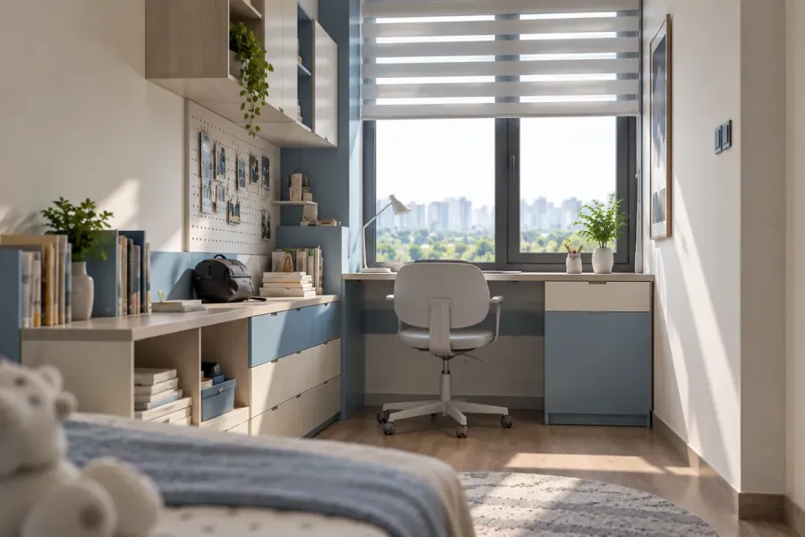Khu học tập nhận ánh sáng trực tiếp từ cửa sổ, bên cạnh là các ngăn thấp để sách và đồ dùng thường xuyên.