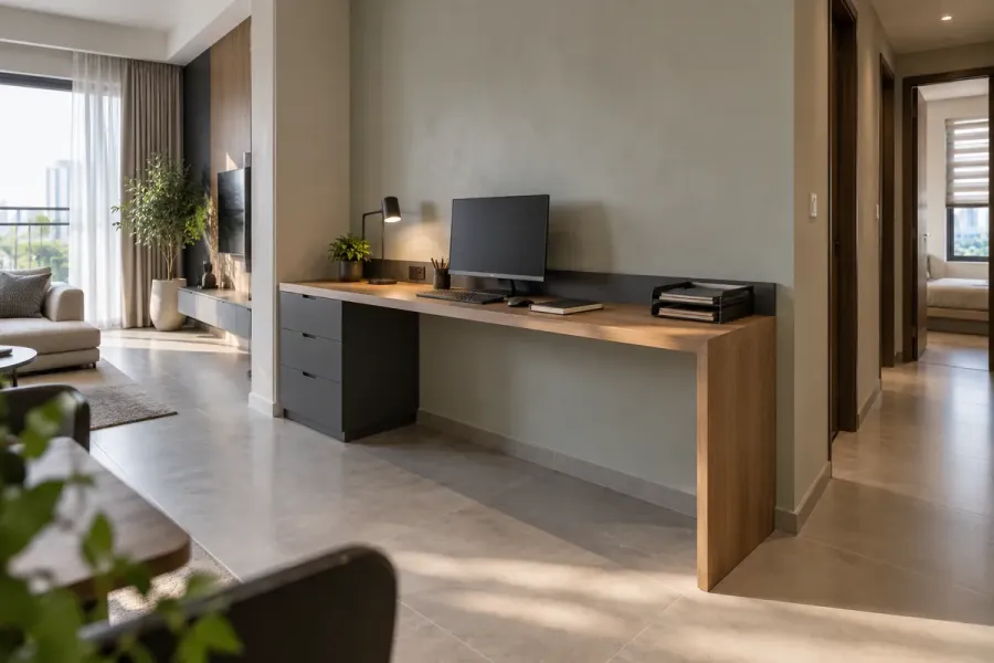 Một mặt bàn liền mạch dành phần lớn diện tích cho công việc, phần lưu trữ được gom gọn về một đầu.