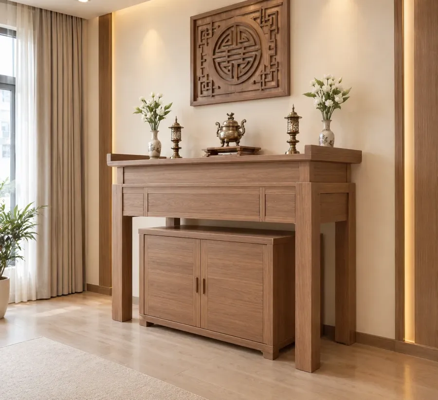 Bàn thờ PT-16 với bố cục gọn, mảng vật liệu vân gỗ và sắc nâu sáng hiện đại.