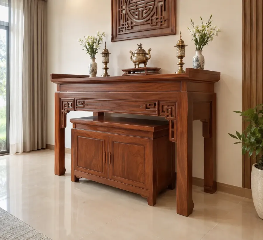 Bàn thờ PT-15 nổi bật với sắc gỗ gõ đỏ ấm và bố cục cân đối, thoáng
