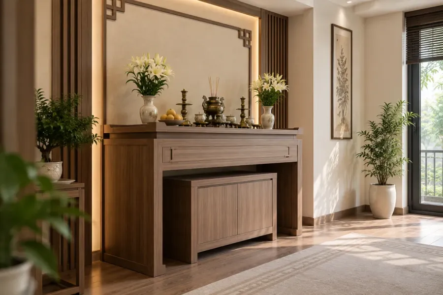 Bàn thờ Laminate PT-19 với bố cục ngang cân đối, bề mặt gỗ rõ nét và tổng thể trang nghiêm.