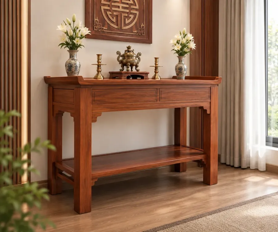 Bàn thờ PT-12 phù hợp với không gian thờ hiện đại, nhà phố và căn hộ nhờ kiểu dáng gọn gàng, cân đối.