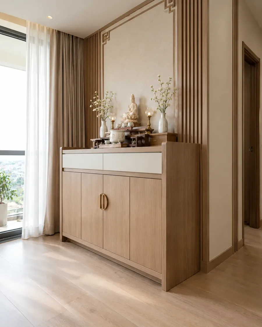 Điểm nhấn vật liệu giúp bàn thờ PT-10 giữ được vẻ tinh tế mà không làm không gian trở nên nặng nề.