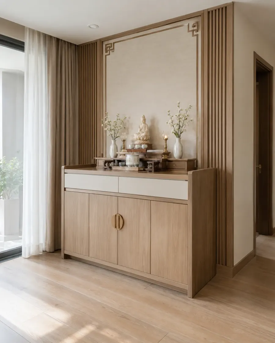 Bàn thờ thanh lịch PT-10 với bố cục cân đối, nhẹ mắt và trang nghiêm.