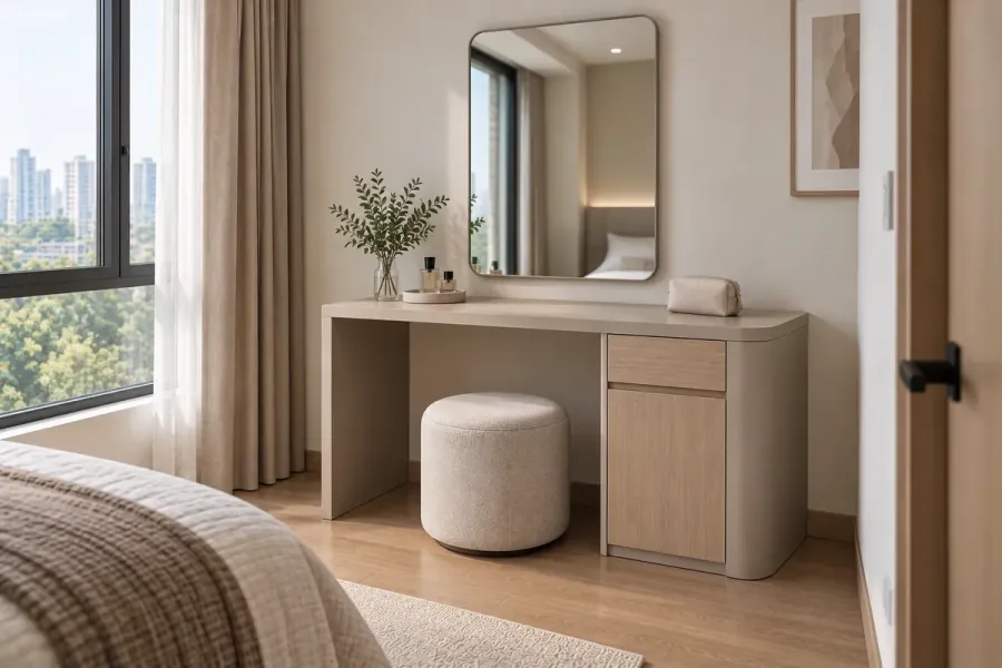 Bàn trang điểm sau khi bố trí vào phòng ngủ, với mặt bàn rộng và khoảng ngồi thoải mái cho nhu cầu sử dụng hằng ngày.