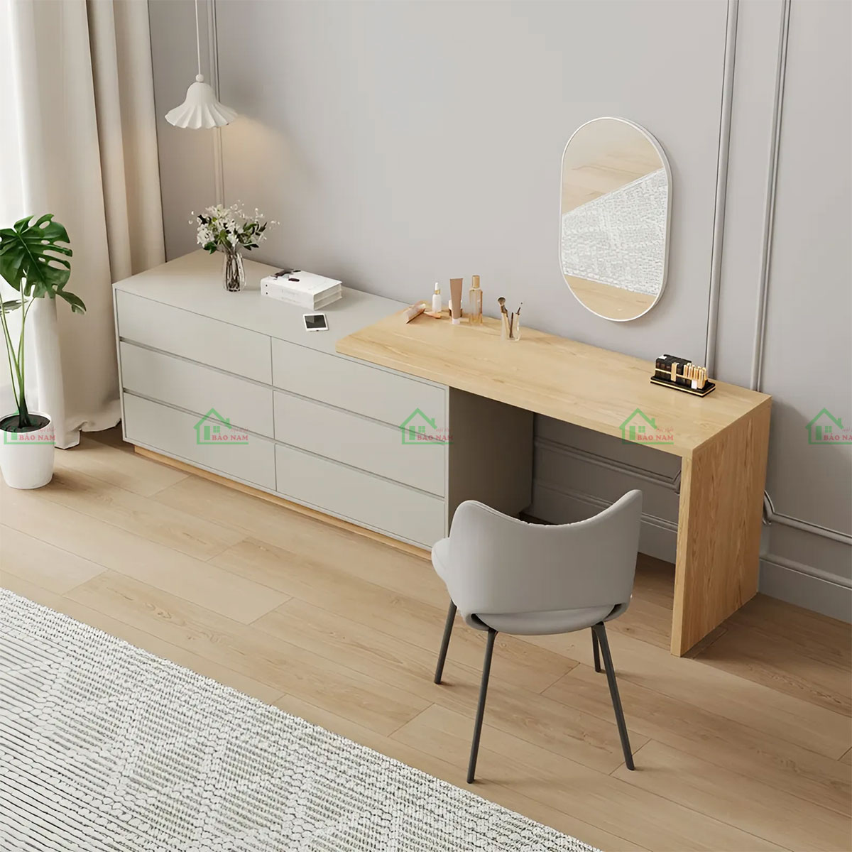 Thiết kế bàn trang điểm đơn giản, tinh tế với phần mặt bàn bằng gỗ sáng màu, tạo cảm giác ấm áp và thoáng đãng.