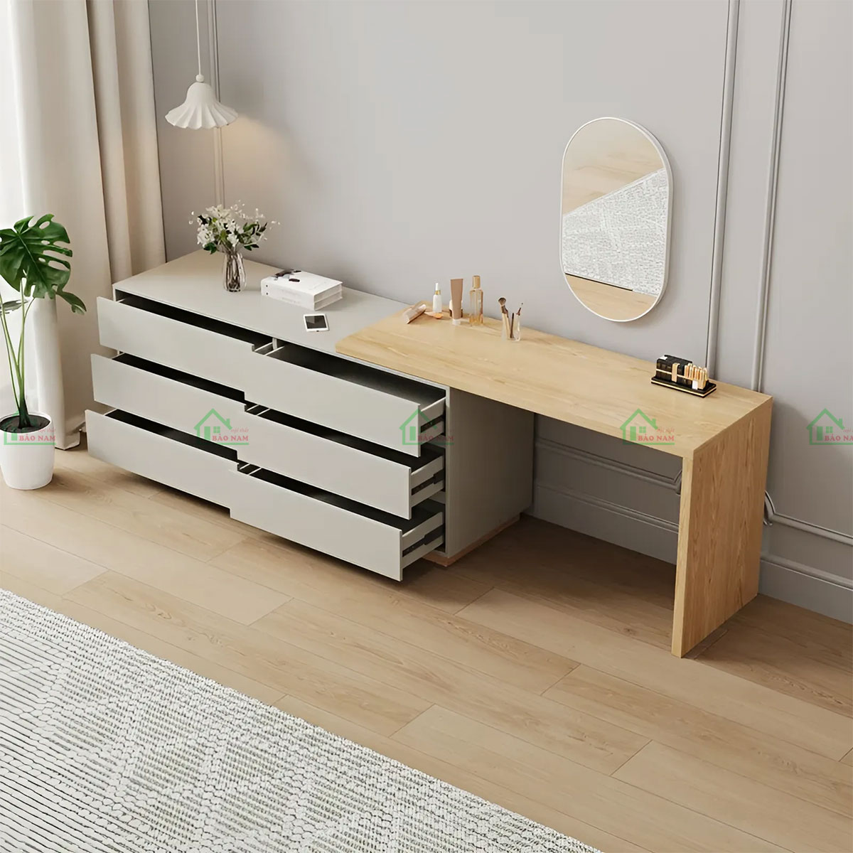 Kết hợp tủ chứa đồ phía dưới với 6 ngăn kéo, giúp tối ưu hóa không gian lưu trữ.