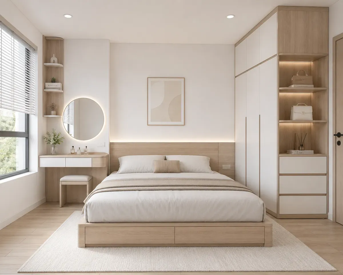 Bàn trang điểm hiện đại giúp tăng tính tiện nghi và thẩm mỹ cho không gian phòng ngủ