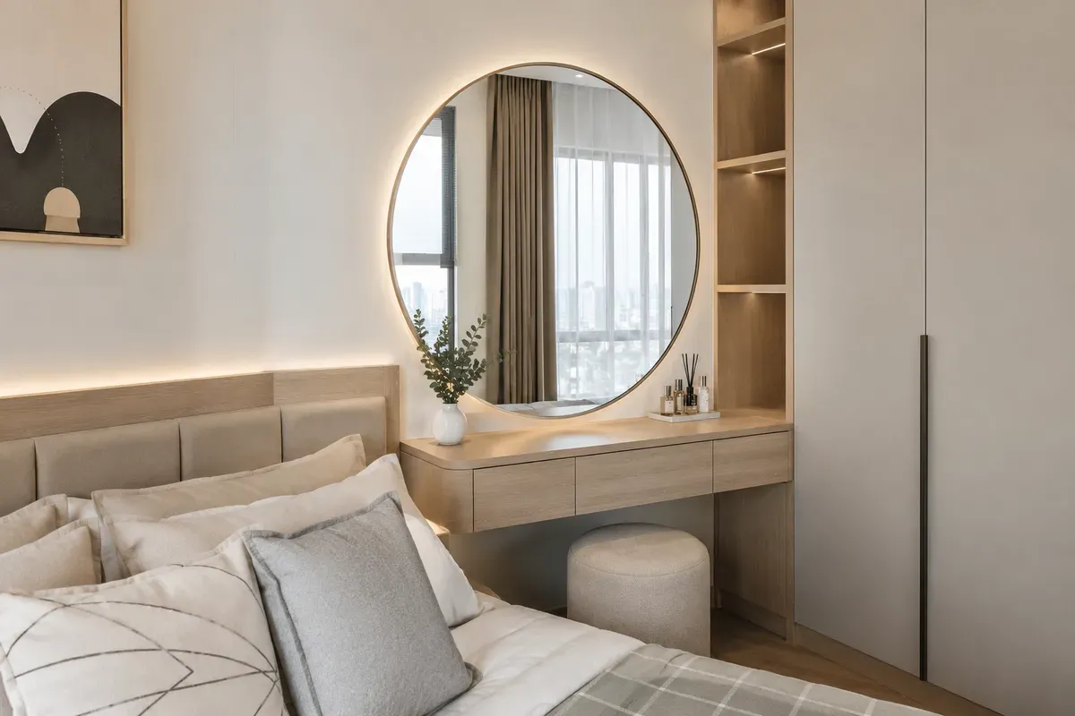 Mẫu bàn trang điểm hiện đại với thiết kế tối giản được nhiều gia đình lựa chọn.