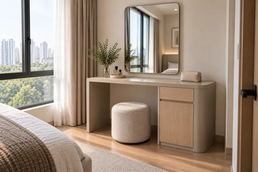 Hình ảnh hoàn thiện cho thấy tỷ lệ bàn trang điểm khi đặt cùng giường, cửa sổ và các hạng mục nội thất trong phòng.