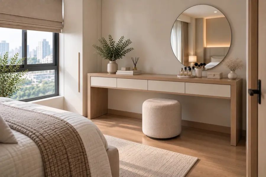 Hình ảnh hoàn thiện cho thấy tỷ lệ bàn trang điểm khi được bố trí cùng các hạng mục khác trong phòng.