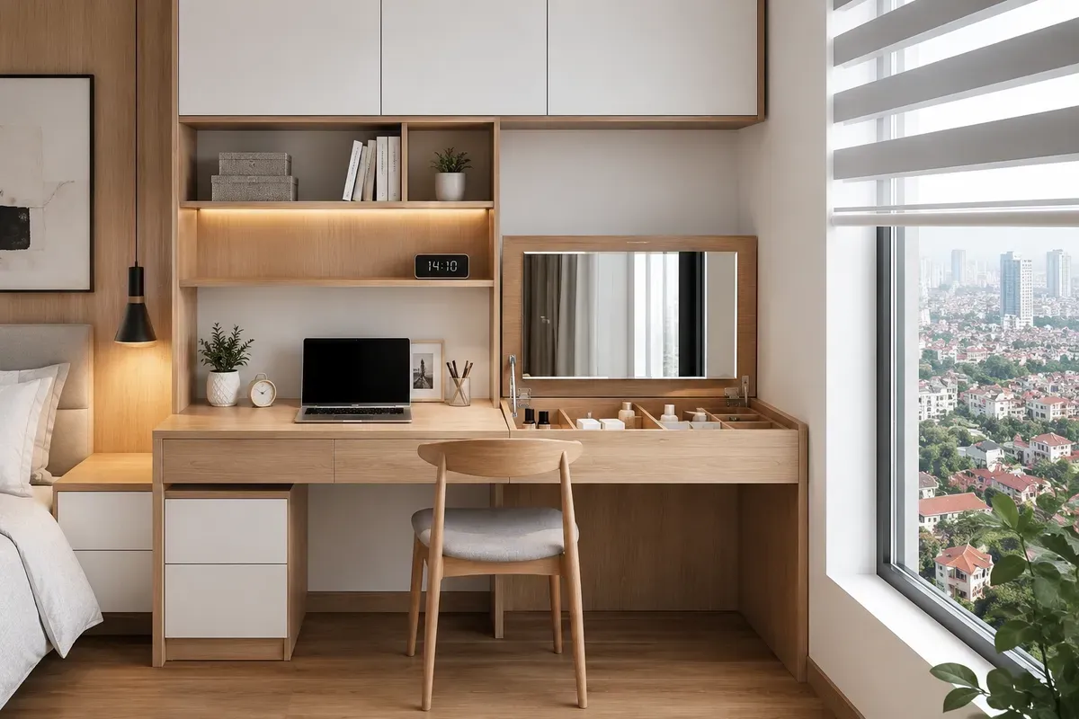 Thiết kế 2 trong 1 giúp tiết kiệm diện tích cho phòng ngủ hiện đại.