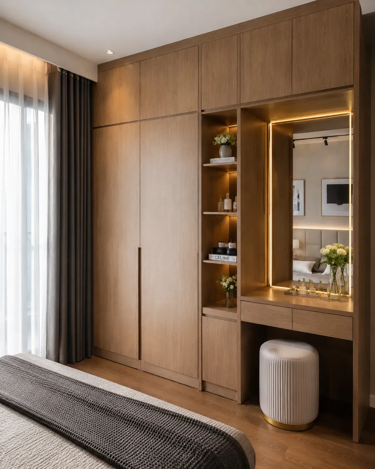 Thiết kế đồng bộ giữa bàn trang điểm và hệ tủ giúp tối ưu diện tích phòng ngủ.
