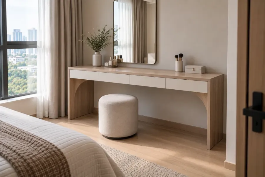 Bàn trang điểm được bố trí thành khu vực sử dụng riêng với mặt bàn và khoảng ngồi rõ ràng.