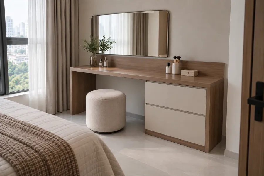 Bàn trang điểm được hoàn thiện thành một khu vực sử dụng riêng trong phòng ngủ.