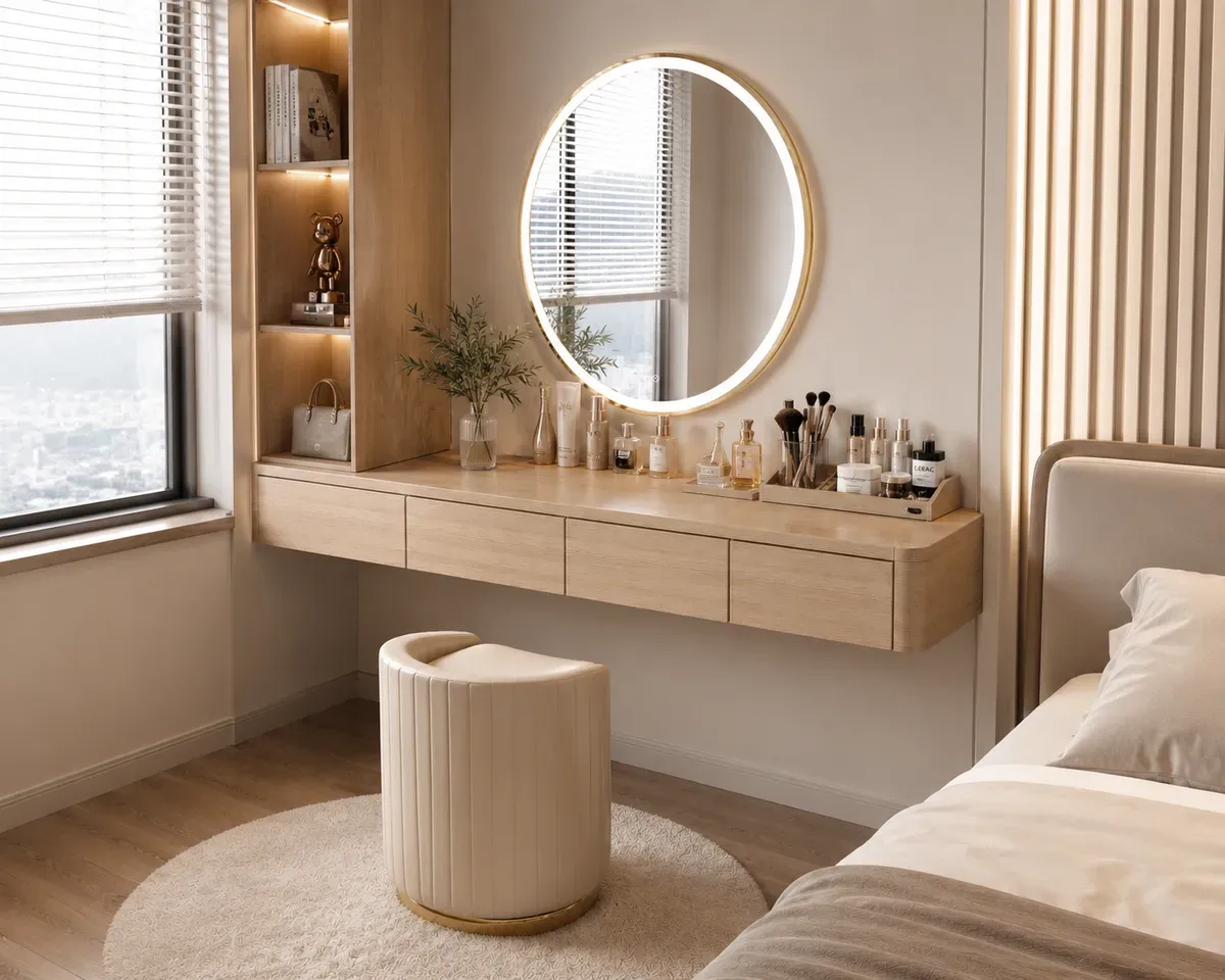 Mẫu bàn trang điểm nhỏ gọn giúp tối ưu diện tích và tăng tính thẩm mỹ cho phòng ngủ.
