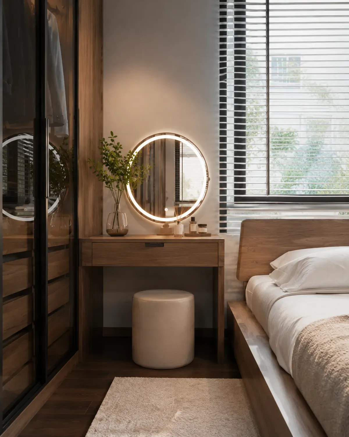 Bàn trang điểm hiện đại giúp hoàn thiện công năng và tăng vẻ đẹp cho không gian phòng ngủ.
