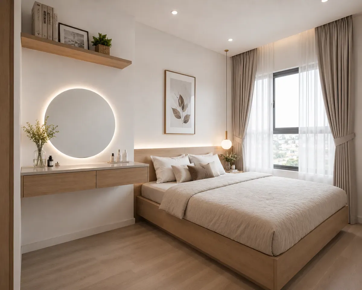 Mẫu bàn trang điểm treo tường giúp tối ưu diện tích phòng ngủ hiện đại.