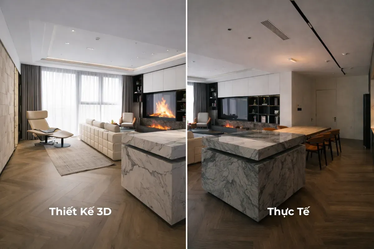 So sánh bản vẽ thiết kế và công trình nội thất thực tế tại xưởng Bảo Nam